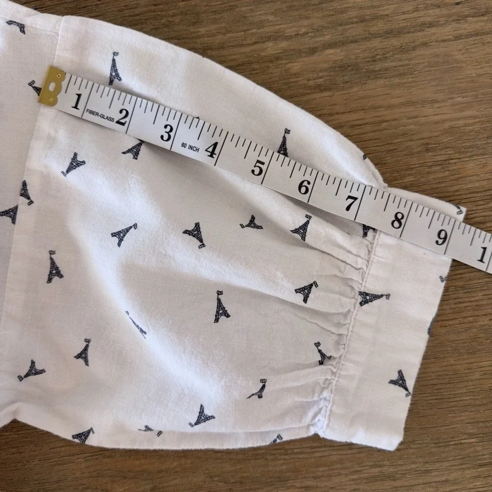 ELLISON Linen Blend Eiffel Tower Print Button Up Shirt Dress-White Knee Length-S